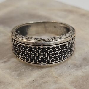 Handmade Sterling Silver Men's 925 Black Zircon Stone Ring Band Size 9 3/4 US